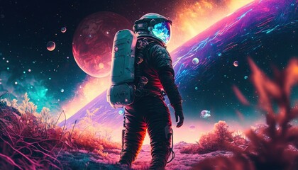 Wall Mural - vivid colorful illustrations of astronaut in space surfing on surfboard waves of galaxies generate a