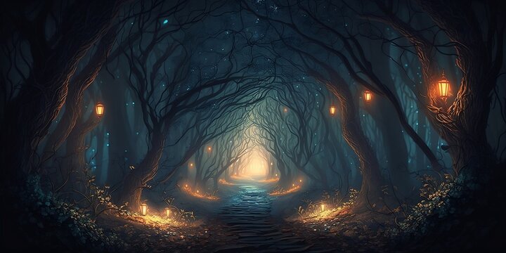 forêt sombre et mystérieuse, format panoramique - illustration ia