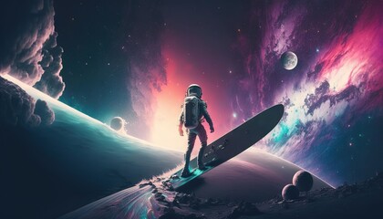 Wall Mural - vivid colorful illustrations of astronaut in space surfing on surfboard waves of galaxies generate a