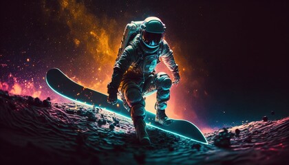Wall Mural - vivid colorful illustrations of astronaut in space surfing on surfboard waves of galaxies generate a