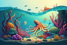 Cartoons Of Beautiful Octopus, Coral And Colorful Reefs And Algae On Sand. 3d Illustration Of Sea Landscape. (ai Generated)