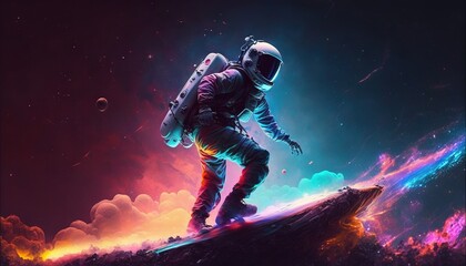 Wall Mural - vivid colorful illustrations of astronaut in space surfing on surfboard waves of galaxies generate a