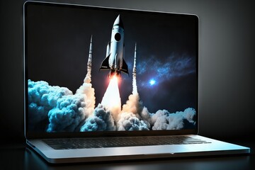 Wall Mural - startup rocket with laptop on dark background. generative ai
