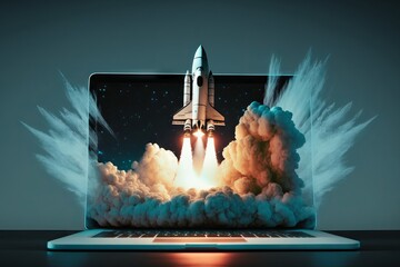 Wall Mural - rocket coming out of laptop screen. startup concept. generative ai