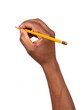 Man holding a pencil in a hand and writing or drawing, isolated on white or transparent background 