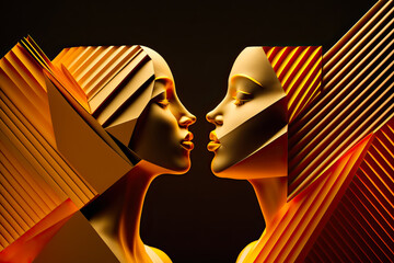 Silhouette of two women facing each other in an attitude of kissing on a black background. Made with geometric shapes of golden color. Generative AI