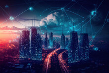 Telecommunication Connections Above Smart City. Futuristic Cityscape Concept For Internet Of Things (IoT), Fintech, Blockchain, 5G LTE Network, Wifi Hotspot Access, Cyber Security - Generative AI