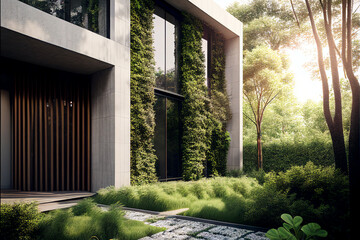 exterior of modern ecologic house with big plant wall,created with generative ai technology.