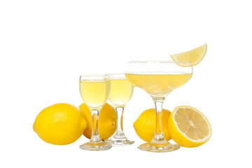 Limoncello, Italian lemon liqueur, isolated on white background