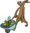 Cartoon Illustration von einem niedlichen Hasen, der beim Gärtnern eine Schubkarre mit Schaufel, Spaten, Blumenerde, Pflanzen und Blumen aus dem Baumarkt für den Garten im Frühling schiebt