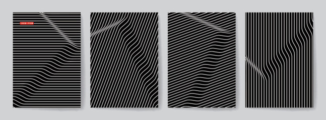 Wall Mural - Set of Monochrome Optical Art Design Covers for Printing. Vector Abstract 3d Geometric Illustration. CMYK.