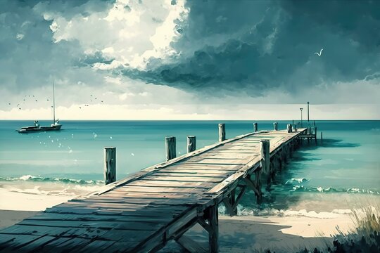 a seascape a small jetty in the foreground generative ai