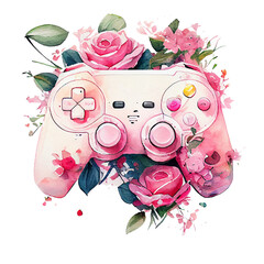 Wall Mural - Watercolor game controller with pink flower, Pink joystick holding flowers, lady gamer concept, generative ai.