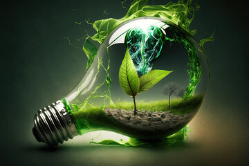 Fototapete - World environment and earth day concept with plants growing in a lightbulb on dark background. Eco friendly enviroment. Generative AI