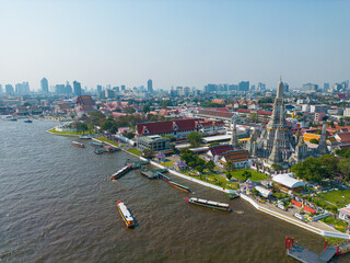 Wall Mural - Aerial view city of Bangkok riverside with building and buddha temple