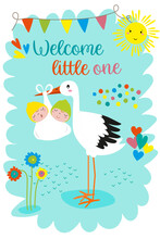Baby Twins Announcement Card. Baby Shower. Stork With Baby. Vector Illustration. 