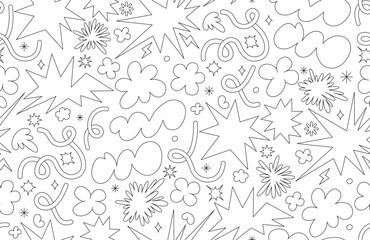 Wall Mural - Abstract cloud and flower shapes seamless pattern. Groovy funky flower, bubble, star, loop, waves in trendy retro 90s 00s cartoon style. Vector background with wavy and spiral elements.