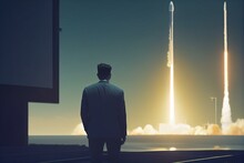 Back View Of Elon Musk Watching The SpaceX Rocket Launch, Made With Generative Ai Technology