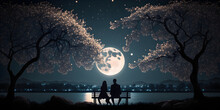 Cute Couple Giving Hands Sitting On A Bench From Behind Looking At The Moon At Night, In Front Of A Lake, Sky Full Of Stars, Japan City With A Cherry Tree, Generative AI