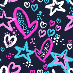 Wall Mural - Abstract seamless pattern for girls with hearts and stars. Cool girlish background 