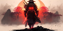Full Body Portrait, A Samurai Imperial Heraldic Shadow Trooper On A Crystal Planet, Glowing Red Light, Black Armor With Golden Insignia, Generative AI
