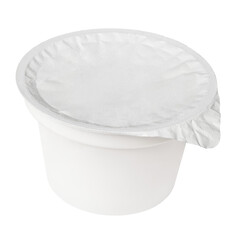 plastic container for dairy foods with foil lid isolated on transparent background