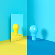 Yellow color light bulb idea concept reflection Contrast on mirror put on blue corner isolate room studio. 3D Rendering minimal concept idea.
