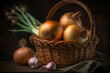 A variety of onions in a rustic wicker basket. AI generativ.