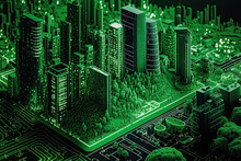 Smart Green City On Circuit Board Background. Futuristic Cyberspace Concept. Generated AI