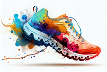 Sport Shoes With Color Paint Splash. Conceptual Illustration For Marathon Or Jogging Or Run Festival. Isolated Design Element On The White Background. Generative AI