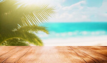 Wooden Clean Table Or Wooden Floor Against The Backdrop Of Sea Palm Leaves And Clouds And Sun Glare.AI Generated.