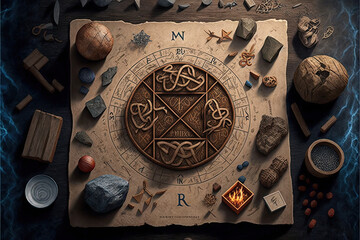 Runes, An ancient Germanic alphabet that is used for divination and magic. Mystic still life with stone runes. AI generative