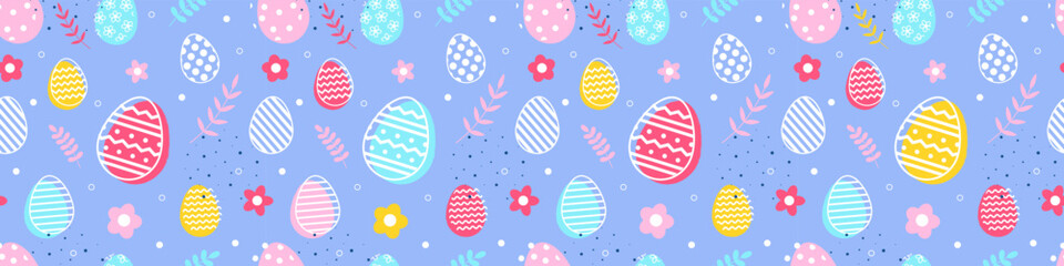 Wall Mural - Colourful Easter background with eggs and flowers. Seamless pattern. Banner. Vector illustration