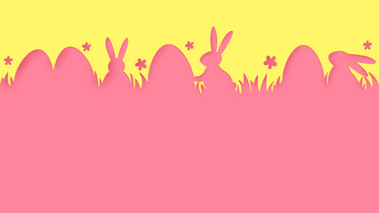 Wall Mural - Easter eggs and bunnies on yellow background. Paper cut design with copyspace. Vector illustration