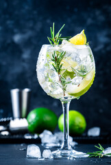 Wall Mural - Gin tonic alcoholic cocktail drink with dry gin, rosemary, tonic, lime and ice cubes in wine glass. Black bar counter background, bar tools, copy space