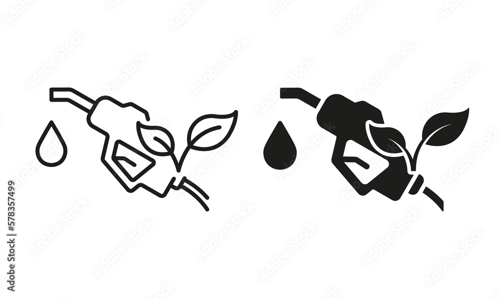 Ecology Gas Station Line and Silhouette Icon Set. Fuel Nozzle Eco Power ...