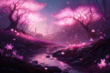 landscape with glowing trees and flowers