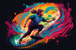 A boy riding a skateboard with vibrant abstract background. Generative AI