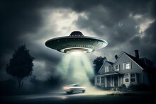 Flying Saucer Ufo Abduction Scene. Generative AI