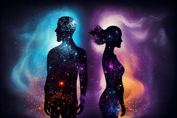 Wall Mural - man and woman silhouettes at abstract cosmic background. human souls couple in love. astral body, es