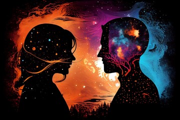 Wall Mural - man and woman silhouettes at abstract cosmic background. human souls couple in love. astral body, es