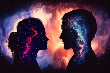 Wall Mural - man and woman silhouettes at abstract cosmic background. human souls couple in love. astral body, es
