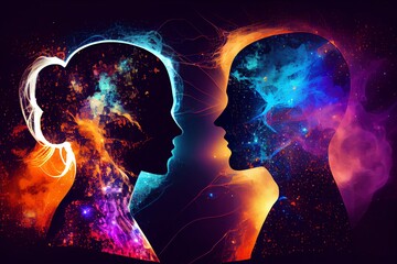 Wall Mural - man and woman silhouettes at abstract cosmic background. human souls couple in love. astral body, es