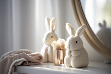 The cute Easter bunnies with eggs are laid on an empty modern, minimal and luxury cream dressing table top, a vase of pampas, a round mirror, and a curtain in a bedroom with white walls, sunlight, and