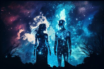 Wall Mural - man and woman silhouettes at abstract cosmic background. human souls couple in love. astral body, es