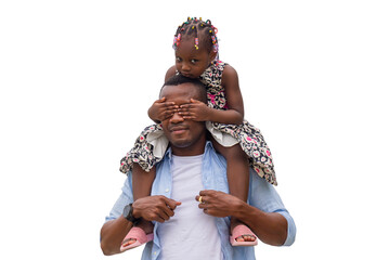 Wall Mural - Cheerful African American father and daughter, Father carrying daughter on shoulders, Little girl on the shoulders of her dad