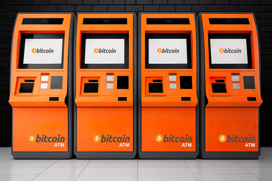 Wall Mural - Bitcoin cryptocurrency ATM machine. Bitcoin ATM for decentralized exchange technology. Generative AI.