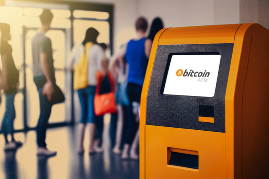 Wall Mural - Bitcoin cryptocurrency ATM machine. Bitcoin ATM for decentralized exchange technology. Generative AI.