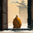 A monk meditating in a lotus position in orange clothes against the backdrop of a Buddhist temple in winter. AI generated.
