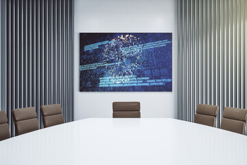 Wall Mural - Creative code skull hologram on presentation tv screen in a modern meeting room. Malware and cyber crime concept. 3D Rendering